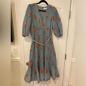 Zimmermann Women Pleated Floral Dress Blue Midi With Belt Sz 3 AU, 10 US Worn 1x